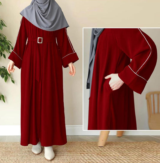 Front Platted Zip Piping Work On Sleeves And Seperate Belt Pocket Abaya With Stoller