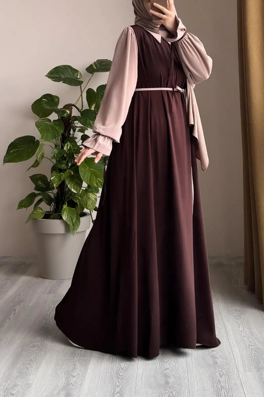 Collar Abaya with Belt and Matching Stroller | Original Wool Peach Fabric | Front Open Stylish Abaya for Women | Soft Premium Abaya