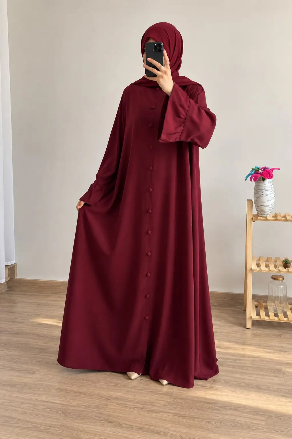 Ruffle Button Abaya with Matching Scarf & Stole – Wool Peach