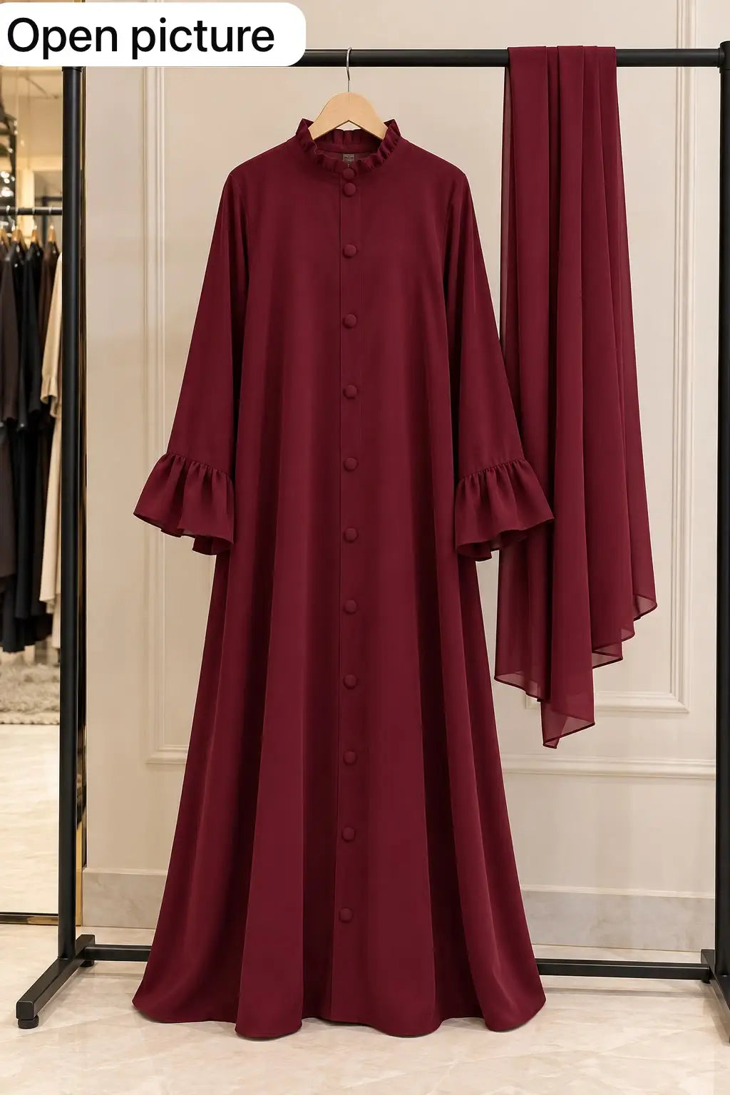 Ruffle Button Abaya with Matching Scarf & Stole – Wool Peach