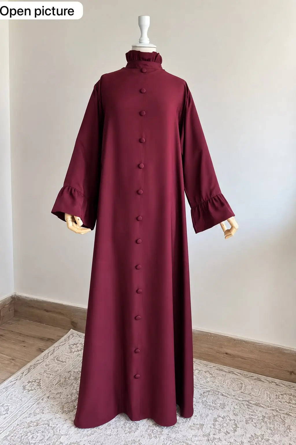 Ruffle Button Abaya with Matching Scarf & Stole – Wool Peach